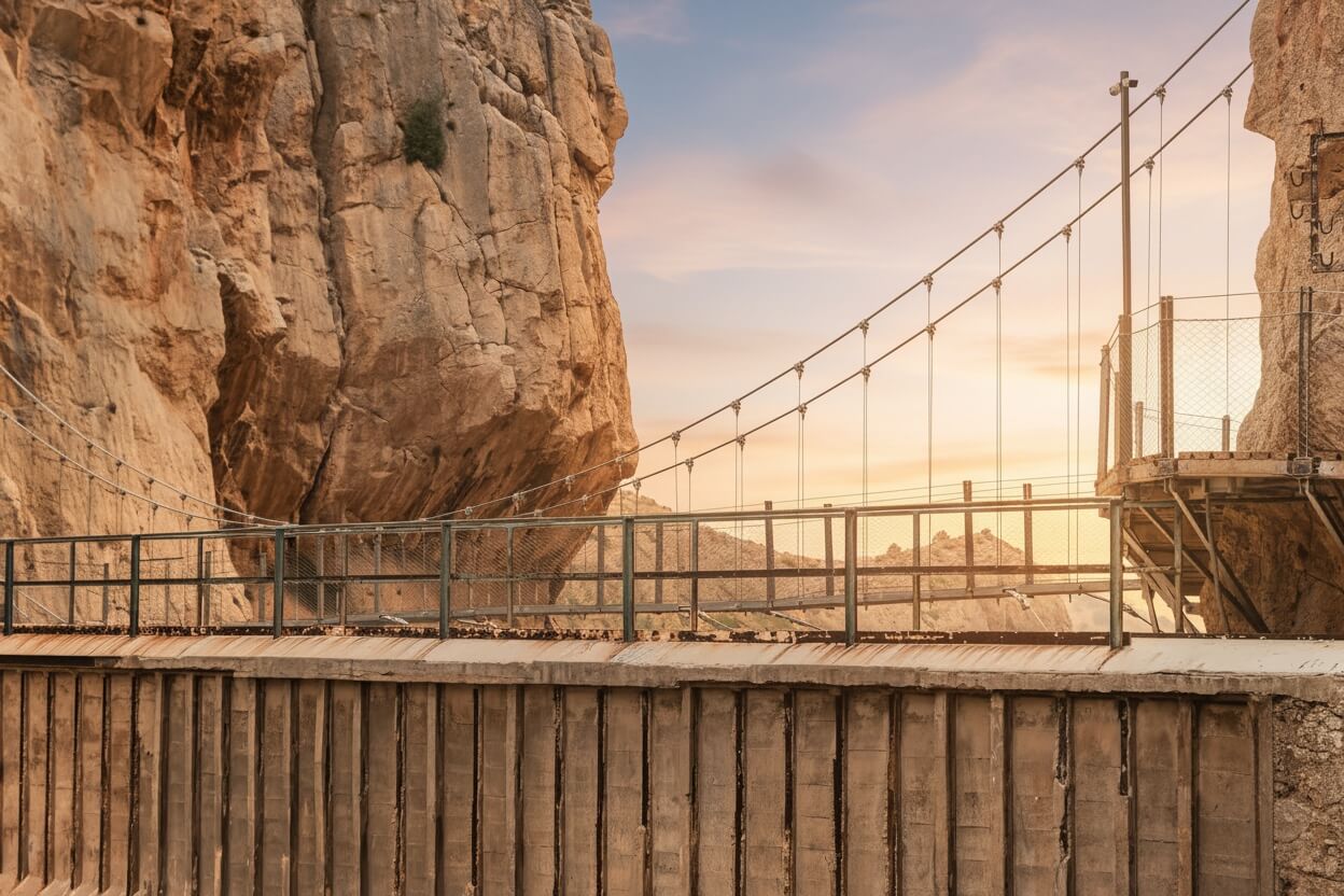 Pasarela del Caminito del Rey suspendida sobre el Desfiladero de los Gaitanes